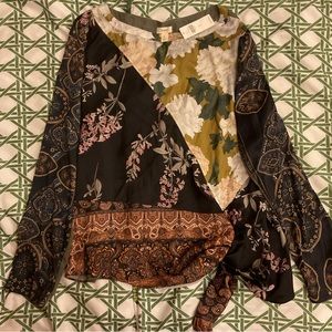 Anthropologie floral multi color print long sleeve blouse size L